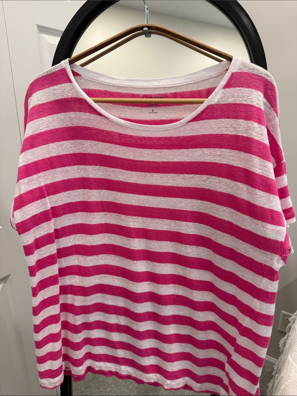 J. Crew Pink and White Striped Scoop Linen Neck Tee